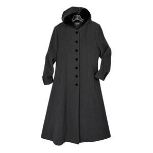 Vintage Sandro Hooded Flared Midi Coat 100% Wool Size 8 Velvet Trim Fairy Goth